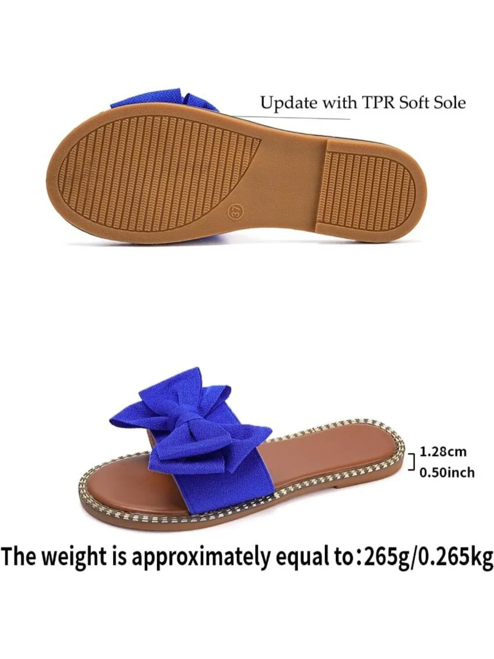Women's Royal Blue Leather Bow Knot Slides Open Toe Flat Summer Slip On Sandals